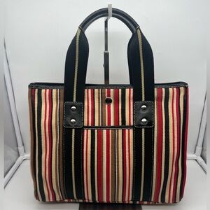 RAFE NEW YORK Multicolor Striped Canvas Black Leather Trim Mini Tote Top Handle
